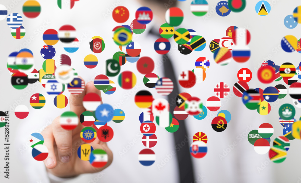 Poster a hand interacts with a digital display of world flags, symbolizing global reach and international c