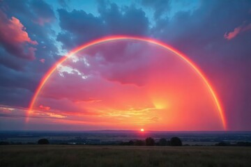 Naklejka premium A breathtaking panoramic view of a vibrant rainbow arcing across a dramatic sunset sky, clouds painted with fiery hues Perfect for travel, nature, and weather-related projects , scenic, light, sunset