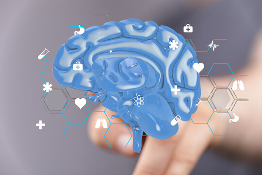 3D brain model with medical icons.  Perfect for healthcare, neuroscience, and medical technology.