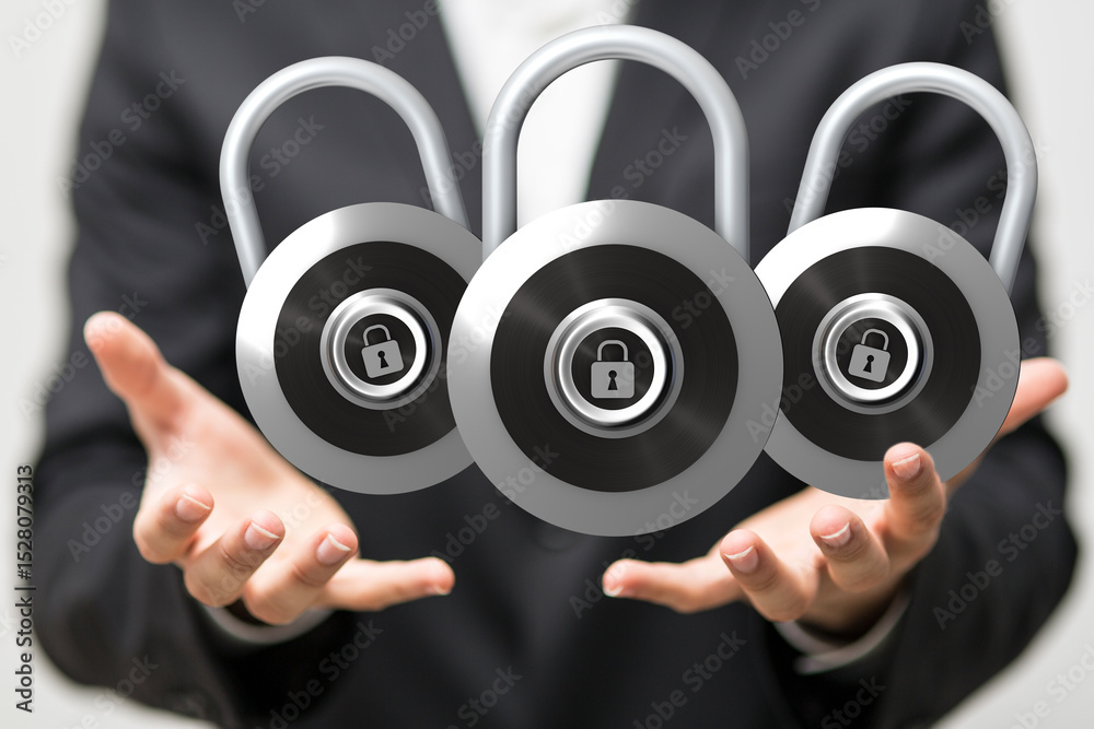 Poster image of three padlocks in hands, symbolizing data security and protection.