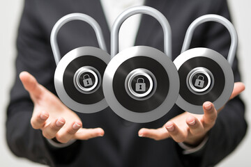 Image of three padlocks in hands, symbolizing data security and protection.