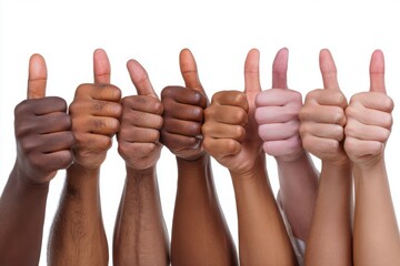 Diverse hands giving thumbs up isolated on white background