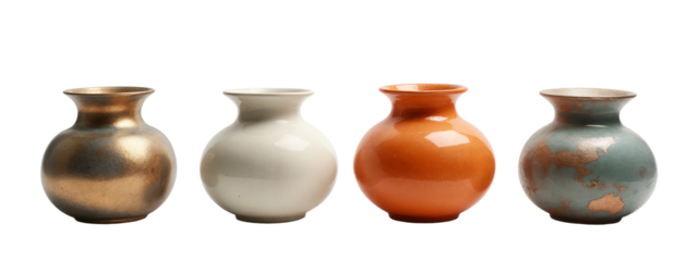 A group of four vases sitting next to each other on a white surface.