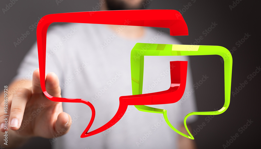 Poster Abstract image of a person interacting with colorful speech bubbles, representing communication and dialogue.