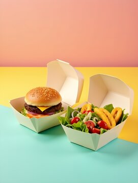 Burger and salad in takeout containers on colorful background. Concept of food choices, healthy eating vs fast food, diet contrast, nutrition balance, modern lifestyle, minimal pop art.
