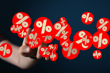 Abstract image of hand interacting with percentage symbols, ideal for discount, sale, finance...