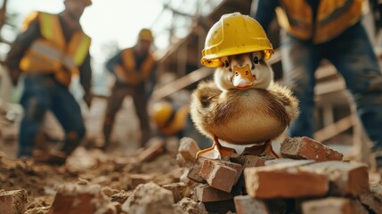 A cute duck wearing a hard hat, perched on bricks at a construction site, brings a whimsical touch to the industrious atmosphere of hard work and building.