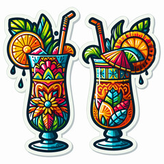Pair of vibrant tropical cocktails with orange slices