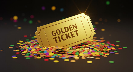 Golden ticket surrounded by colorful confetti on dark background with bokeh lights. Prize winner and lottery concept. Entertainment and gambling services