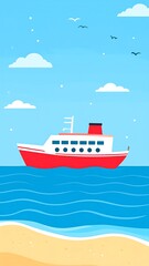 Red Cruise Ship with Ocean Beach.