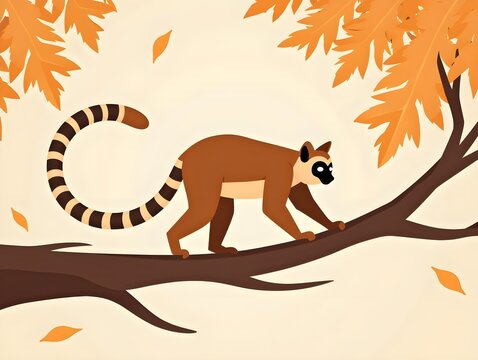 Lemur walking on brown tree branch with orange leaves in simple illustration style