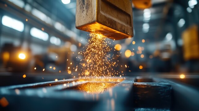An intense moment captured in a workshop where molten metal sparks fly, highlighting craftsmanship and creativity in a bustling industrial environment filled with innovation.