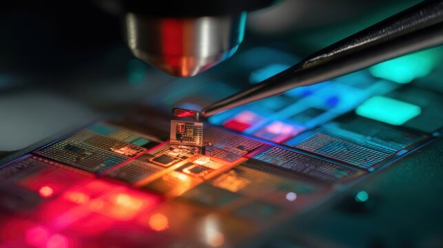 Closeup of quantum computer chip under lab microscope