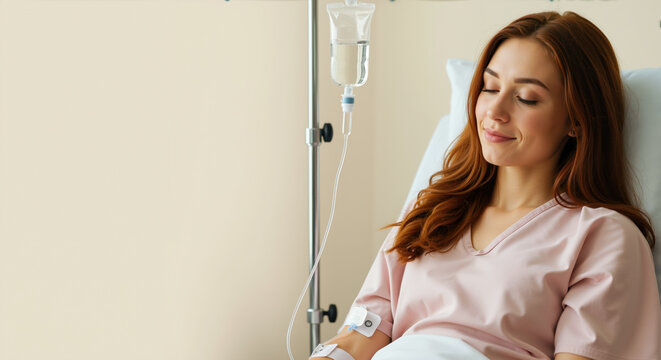 Woman patient with IV drip feeling relief in hospital bed. Healthcare and medicine concept for recovery and wellness