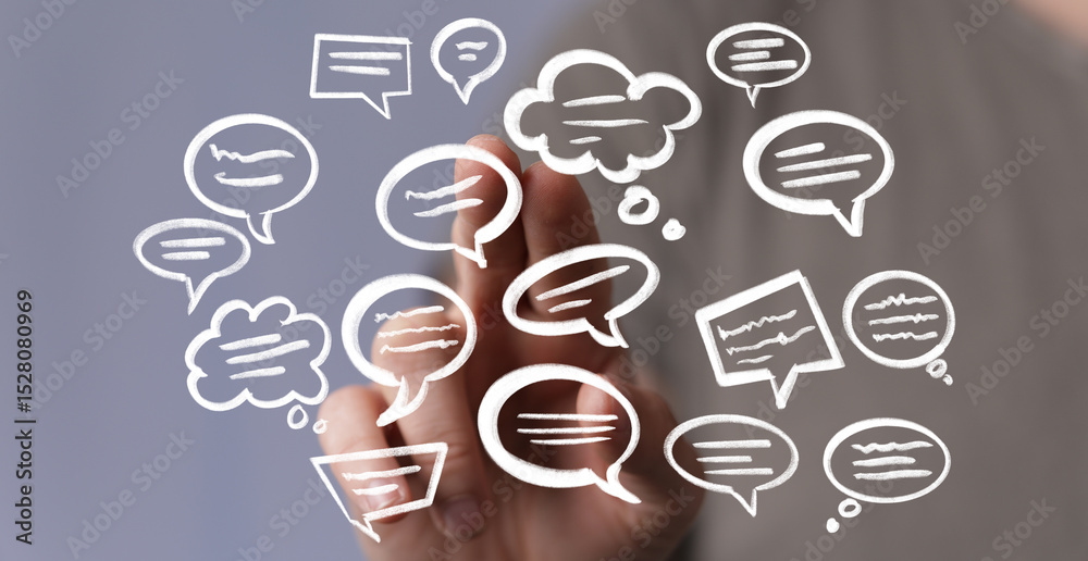 Aufkleber Abstract image of hand and speech bubbles.  Great for communication, social media, and networking concepts.