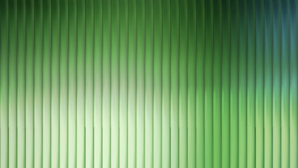 Fluted green ribbed glass background with soft vertical stripes. 3d line texture with ribbed effect gradient wave.