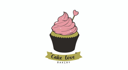A whimsical logo featuring a pink frosted cupcake with a heart topper and a green ribbon banner.