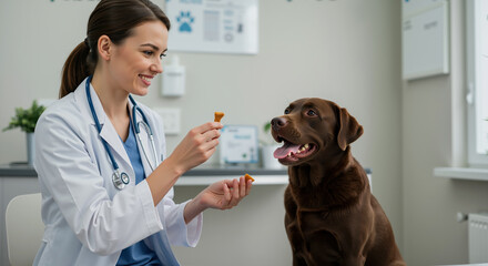 Female veterinarian giving treat to brown labrador dog in white clinic. Pet healthcare and veterinary services. Animal medical care and wellness checkup