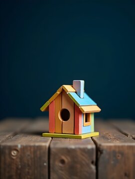Small wooden house on a wooden table. A colorful miniature wooden house placed on a rustic wooden table with a dark blue background.