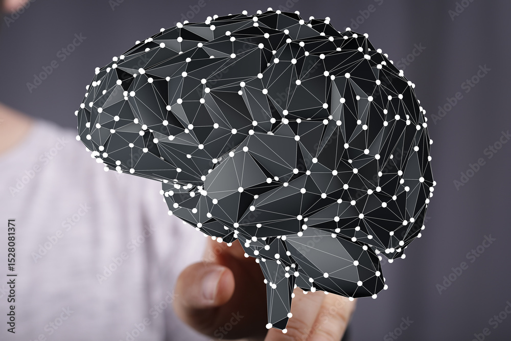 Poster stock photo of a 3d polygonal brain, representing ai, neural networks, and cognitive processes.