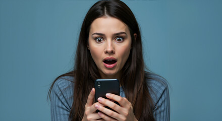 Shocked woman with open mouth holding smartphone looking surprised at screen. Social media news reaction and digital communication services