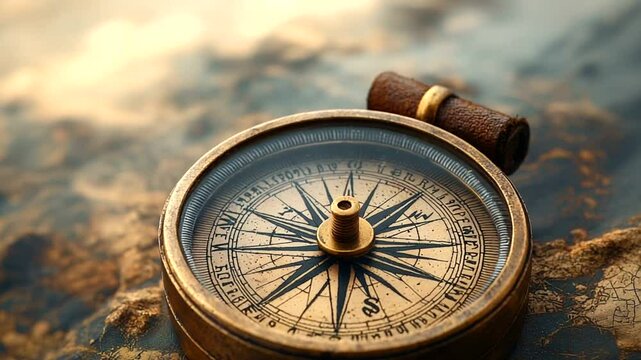 Antique brass compass on aged map