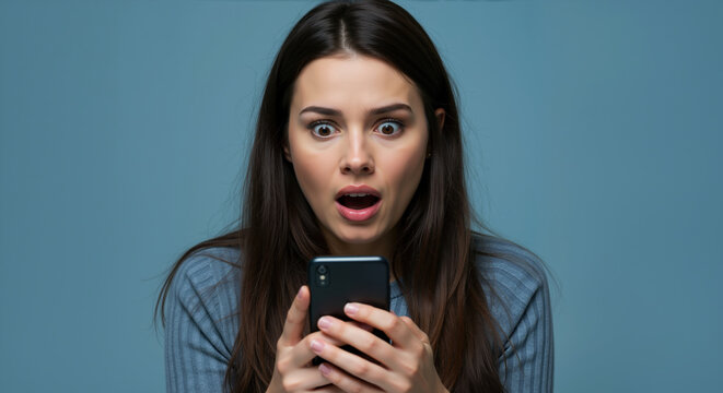 Shocked woman with open mouth holding smartphone looking surprised at screen. Social media news reaction and digital communication services