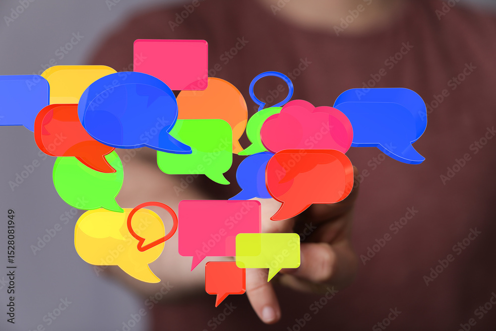 Poster abstract image of colorful speech bubbles, representing communication, social media, and online inte