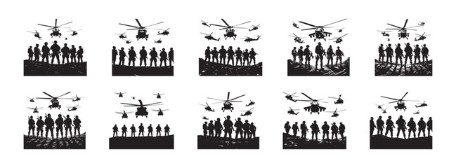 Silhouette imagery of soldiers and helicopters depicting military operations and aerial support