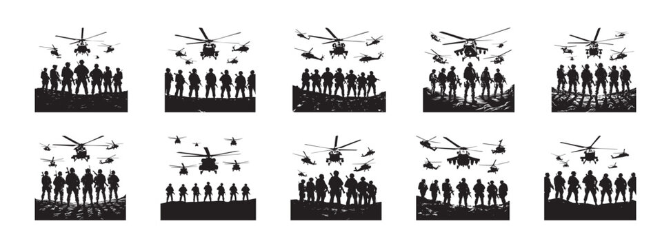 Silhouette imagery of soldiers and helicopters depicting military operations and aerial support