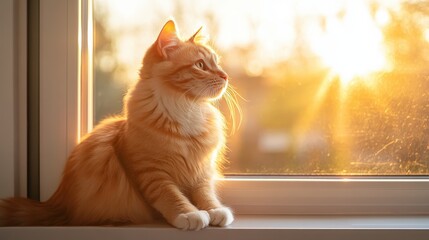 A beautiful ginger cat rests by a window, gazing out at a breathtaking sunset, creating a serene and peaceful atmosphere with warm golden light illuminating its fur.