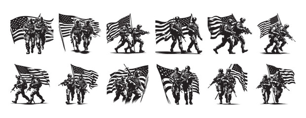 Obraz premium Silhouetted american soldiers carrying flags symbolizing strength and patriotism in battle