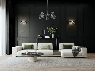3d modern living room with sofa.Luxury interior, modern large sofa with armchairs, carpet	
