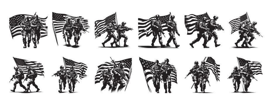 Silhouetted american soldiers carrying flags symbolizing strength and patriotism in battle