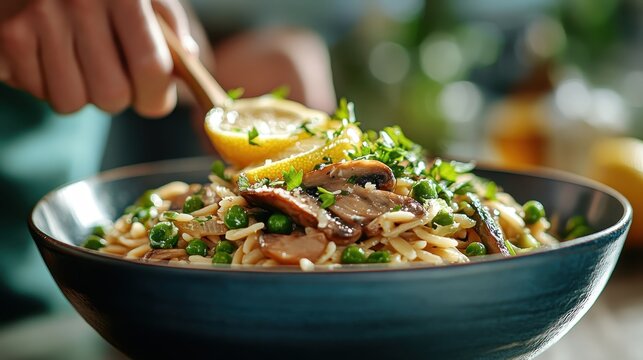 A luscious pasta dish featuring mushroom, peas, and herbs, garnished with lemon zest, creating a vibrant and inviting plate that celebrates the joy of flavorful cooking.