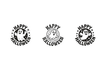 Happy Halloween Ghost Badges Collection Spooky Vector Emblems for Holiday Design Cute Halloween Ghost Badge Vector Set Happy Halloween Round Emblem with Stars and Smiling Ghosts