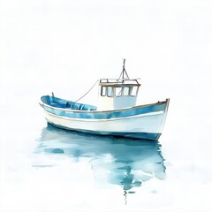 Fototapeta premium Watercolor depiction of a small fishing boat on calm water