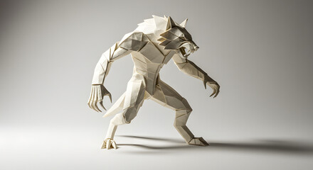 A stunning origami werewolf stands in a menacing pose. This paper-crafted creature embodies the raw power of nature, combining art with the mystique of folklore