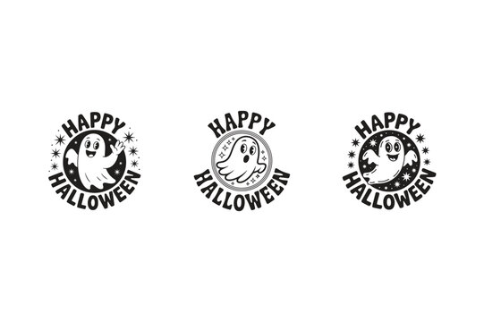 Happy Halloween Ghost Badges Collection Spooky Vector Emblems for Holiday Design Cute Halloween Ghost Badge Vector Set Happy Halloween Round Emblem with Stars and Smiling Ghosts