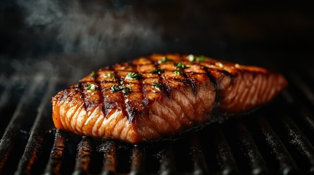 A beautifully grilled salmon steak featuring perfect char marks, conveying a sense of flavor and culinary artistry, with a smoky backdrop enhancing its appeal.