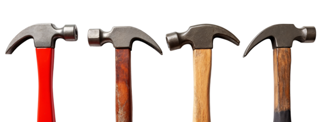 A row of four different colored hammers