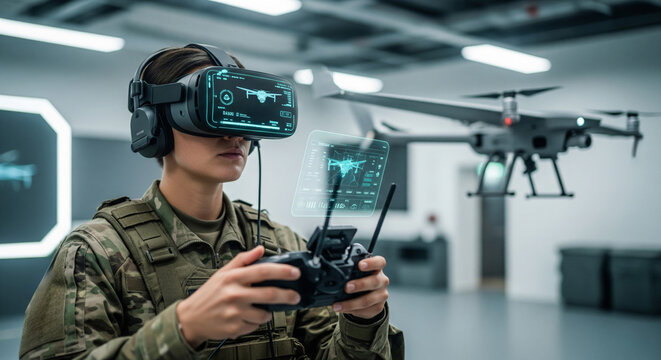 Female soldier drone operator wearing virtual reality glasses controls drone during training