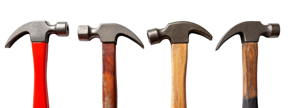 A row of four different colored hammers