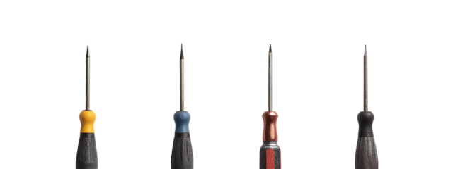 A set of four different colored screwdrivers