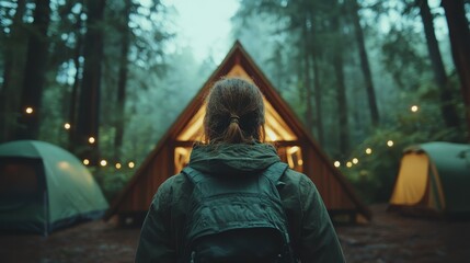 A person stands before a cozy cabin in a misty forest, highlighting the allure of adventure, mystery, and the beauty of nature in a tranquil wilderness setting.