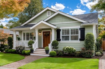 A small, white and green Craftsman-style house with a red door