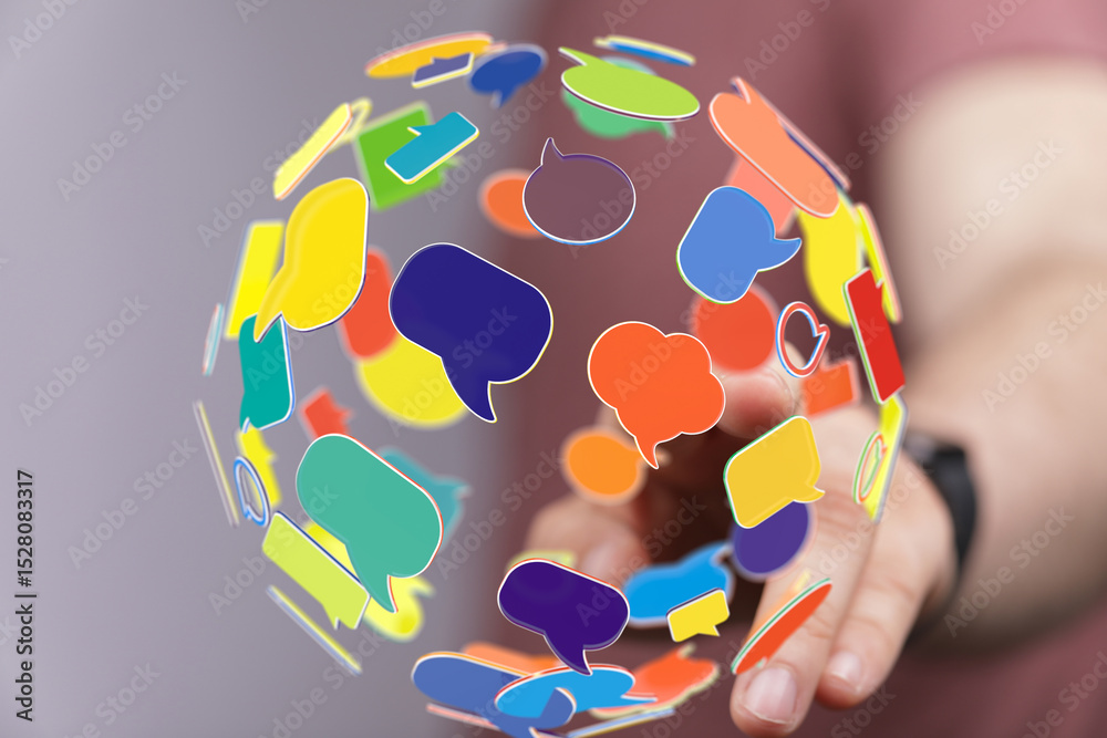Aufkleber Abstract image of colorful speech bubbles forming a network, representing global communication and connection.