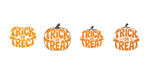 Trick or Treat Pumpkin Lettering Set  Halloween Typography Vector with Orange Pumpkin Shape