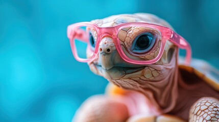 An adorable turtle wearing stylish pink glasses gazes playfully at the viewer, combining whimsy with charm, showcasing its unique personality in a vibrant aquatic setting.