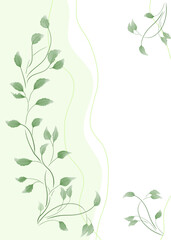 Watercolor vector background with green twigs and leaves on a light background.